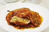 Stuffed spring chicken with chanterelle mushrooms