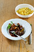 Venison goulash with mushrooms and Spätzle (soft egg noodles from Swabia)