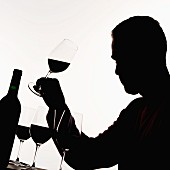 Silhouette eines Mannes bei der Verkostung von Rotweinen