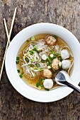 Kuay-tiew-nam-sai (clear soup with wide rice noodles, fish and prawn dumplings, Thailand)