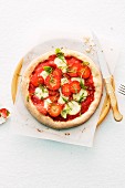 A sweet strawberry pizza garnished with basil