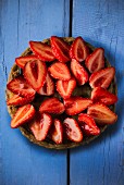 Strawberry and rhubarb tart seen from above
