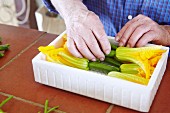 Courgette flowers being packed into a polystyrene container