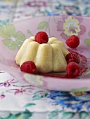 Vanilla pudding with raspberries and raspberry sauce