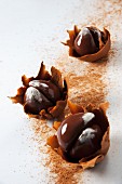 Chocolate chestnuts in chocolate leaves