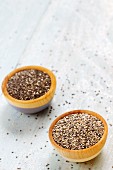 Chia seeds (salvia hispanica) in two wooden bowls