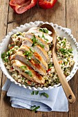 Pearl barley salad with wild garlic and chicken breast