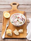 Herring and apple salad with red onions, radishes and cream