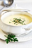 Cream of celery soup in a soup bowl