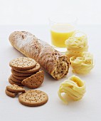 Biscuits, wholemeal bagutte, pasta and a banana smoothie