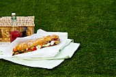 A baguette sandwich, a bottle of champagne and a picnic basket