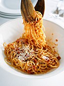 Spaghetti amatriciana with Parmesan cheese