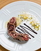 Wild boar roulade with fennel, orange jelly and olive sauce (Restaurant Da Caino, Head Chef Valeria Piccini)