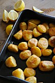 Oven roasted potatoes on a baking tray