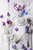 Two ice cream sundaes with vanilla ice cream, fruit jelly and blueberries, and decorated with sugared violets