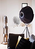 Black studio lamp and African wooden sculpture behind sofa with scatter cushions