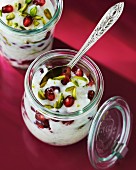 Rice pudding with pomegranate seeds and pistachio nuts