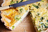 Cheddar and leek quiche, sliced