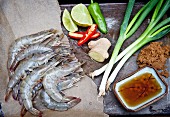 Ingredients for a classic Thai stir-fry with king prawns