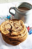 Freshly baked chocolate chip cookies with a mug of coffee