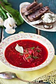 Vegetarian borscht with bread and cheese spread