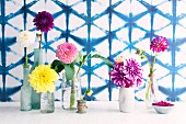 Arrangement verschiedener Vasen mit einzelnen bunten Dahlienblüten vor Wand mit aufgedruckter blauer Gitterstruktur