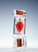 Strawberries and chocolate in ice cubes