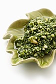 Wild garlic pesto in a leaf-shaped dish