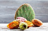 Colourful prickly pears and prickly pear leaves