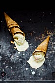 Melting vanilla ice cream in cones