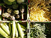 Artischocken, Bohnen und Maiskolben in Steigen auf dem Markt