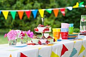 A table laid in a garden for a birthday party