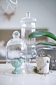 Bird figurine under glass cover next to ornate plant pot and orchid leaves