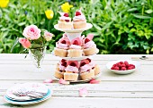 Raspberry cupcakes with rose petals on a cake stand on a garden table