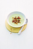 Pea soup with chorizo and croutons