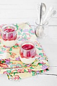 Semolina pudding with raspberry puree in glasses