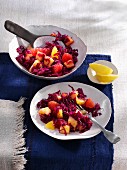 Fruity red cabbage salad with oranges, pineapple and grapefruit