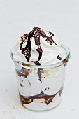 Frozen yogurt with chocolate sauce