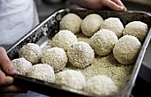 A chef holding a baking tray of unbaked arancini