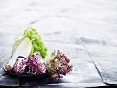 Various types of lettuce on a black plate