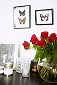 Glass vase of red roses on surface below butterfly collection on wall