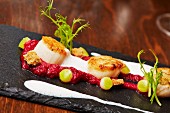 Scallops on beetroot cream with apple pearls and nut crumble