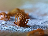 Nutmeg leaves on a painted wooden surface