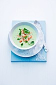 Cold pea and yogurt soup with shrimps