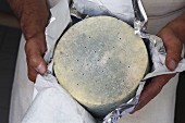 Mann hält Käselaib in Alufolie (Frankreich)