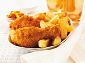 Breaded chicken drumsticks with chips and salad