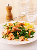 Smoked trout and rocket salad garnished with a lemon wedge