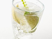 Sparkling mineral water with ice cubes and a lemon and lime wedge