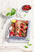 Baked pork fillet with strawberries, basil and balsamic vinegar