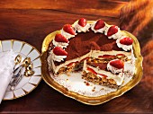 Mascarpone-strawberry cake, sliced